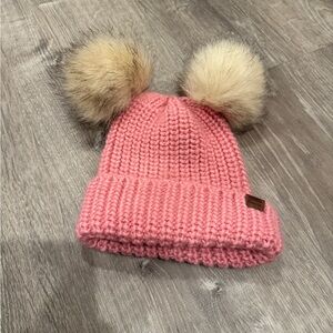 Kids  Toddler Girl ROOTS Pink Knit Beanie with Double Faux Fur Pom Poms Pink